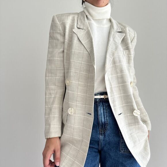 Vintage Linen Blend Jacket Women 6 Plaid Neutral Minimalist Old Money Equestrian - Picture 2 of 12